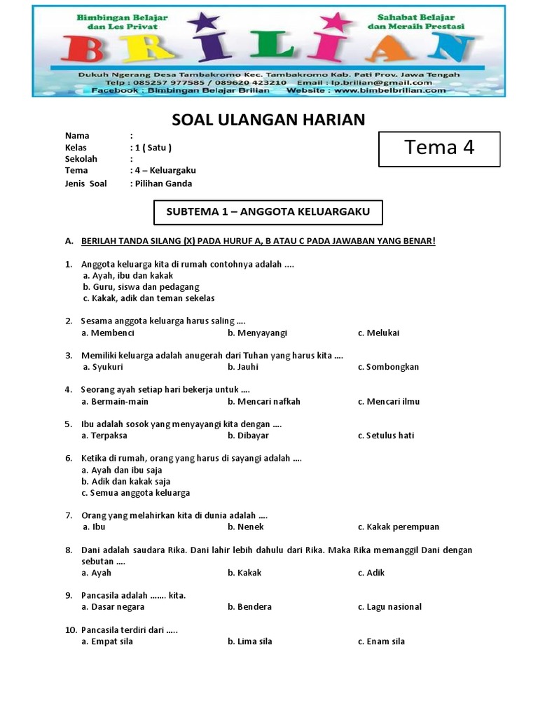 Soal Pilihan Ganda Kelas 1 SD Tema 4 Keluargaku Dan Kunci Jawaban PDF