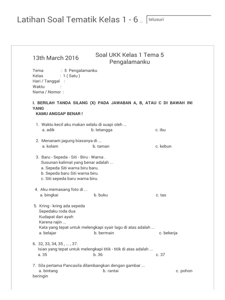 Soal UKK Kelas 1 Tema 5 Pengalamanku PDF Soal UKK Kelas 1 Tema 5 Pengalamanku PDF