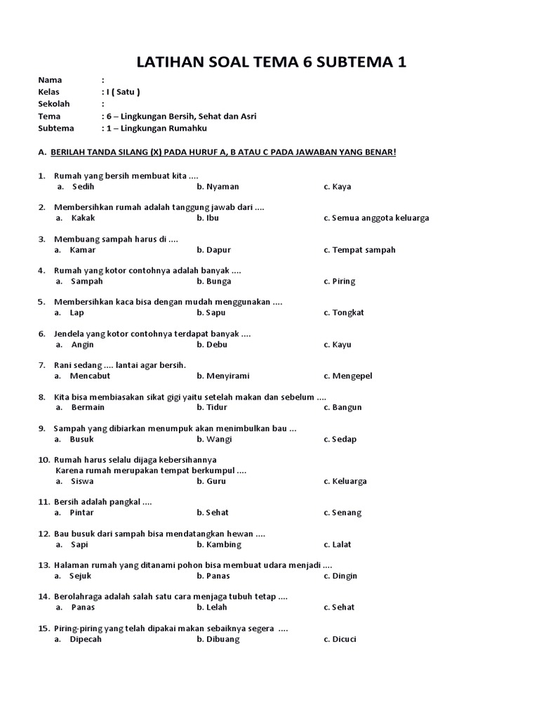 Soal Tematik Kelas 1 SD Tema 6 Subtema 1 Lingkungan Rumahku Dan Kunci Soal Tematik Kelas 1 SD Tema 6 Subtema 1 Lingkungan Rumahku Dan Kunci