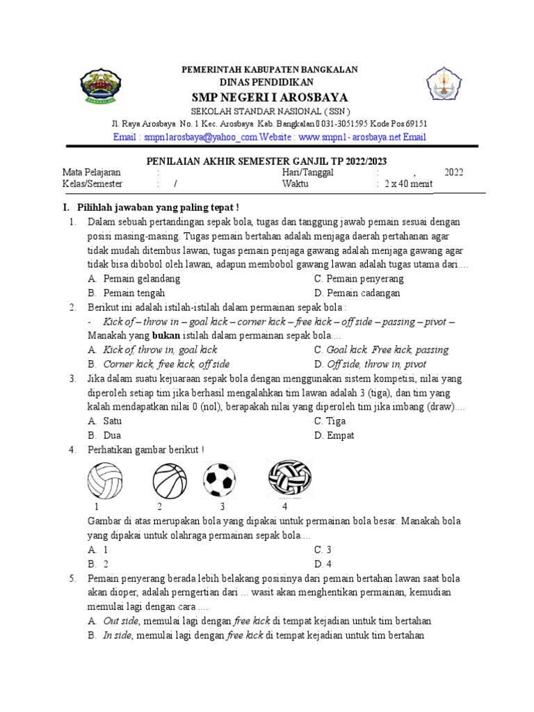 Soal Penilaian PJOK Kelas 9 Semester 1 PDF Soal Penilaian PJOK Kelas 9 Semester 1 PDF