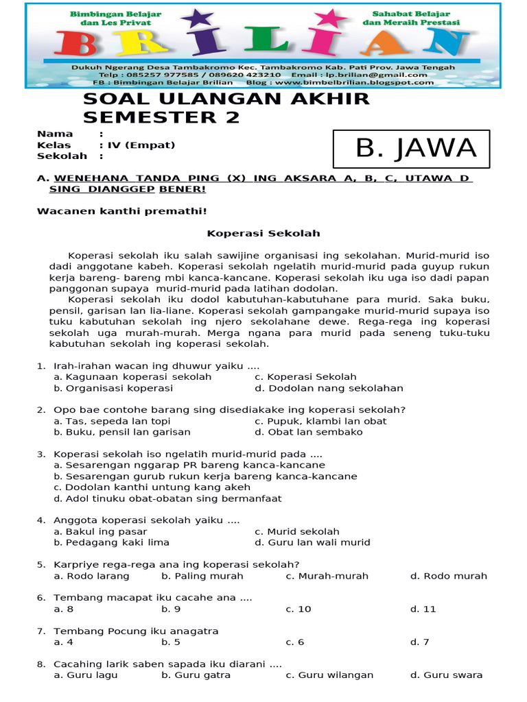 Kumpulan Soal Bahasa Jawa SD Kelas 4 Semester 2 Terbaru 2026 dengan Kunci Jawaban Lengkap yang Wajib Kamu Punya