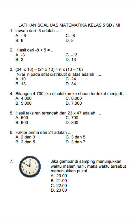 Contoh Soal Ujian Kelas 4 Sd Matematika Beserta Jawabannya - Kumpulan Soal Contoh Soal Ujian Kelas 4 Sd Matematika Beserta Jawabannya - Kumpulan Soal