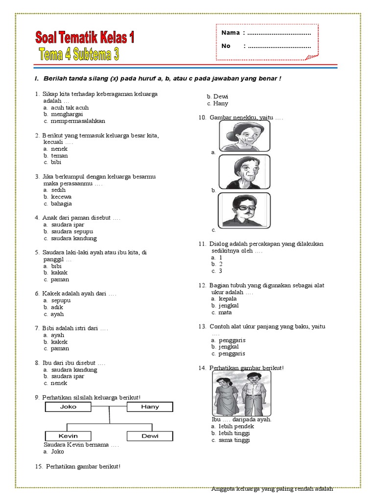 Soal Kelas 1 Tema 4 Subtema 3 PDF Soal Kelas 1 Tema 4 Subtema 3 PDF