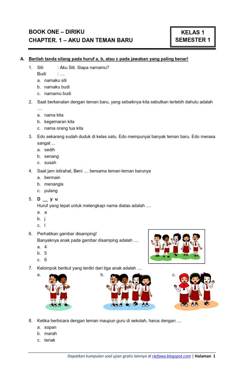 Ternyata Ini Dia Contoh Soal Kelas 1 Tema 6 Subtema 1 yang Wajib Dikuasai Siswa Sebelum Ulangan