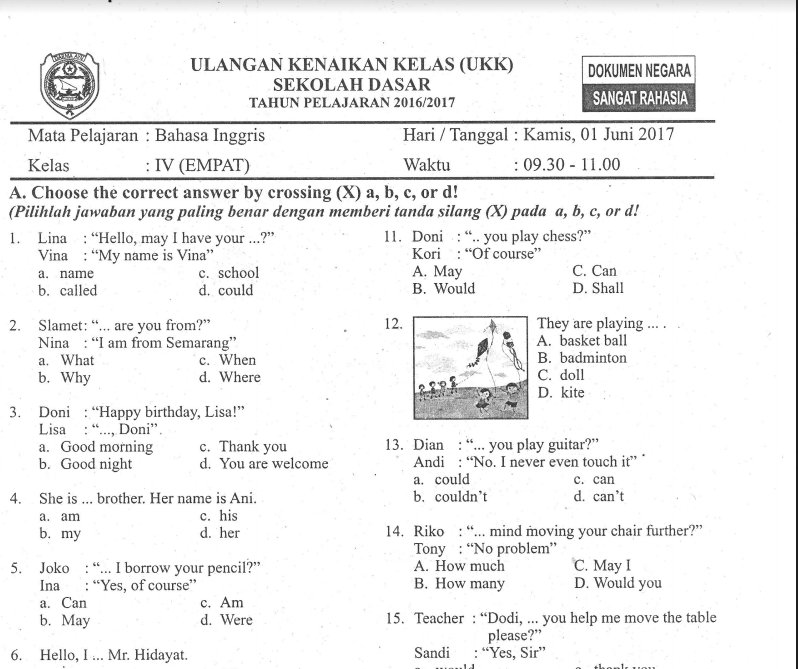 kumpulan soal bahasa inggris sd mi kelas 4