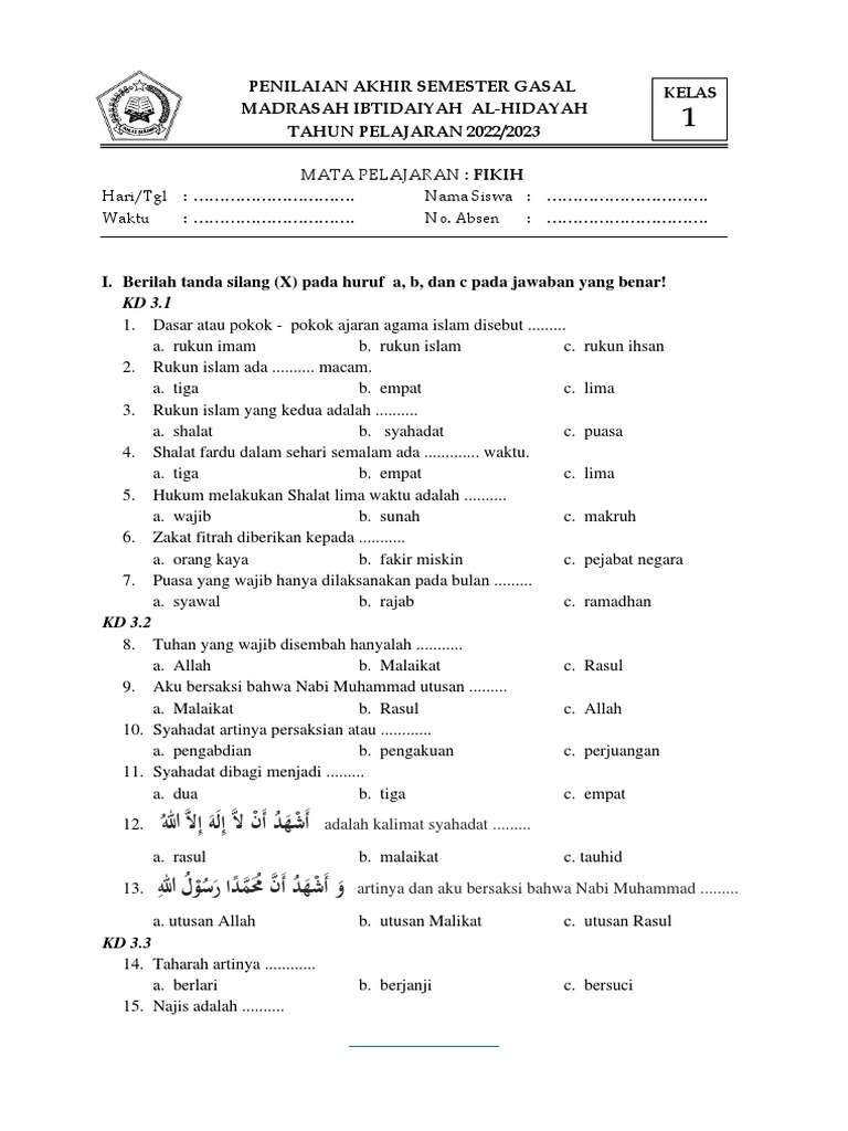 Wajib Tahu! Inilah Kumpulan Contoh Soal PAT Fiqih MI Kelas 1 Semester 2 Terbaru
